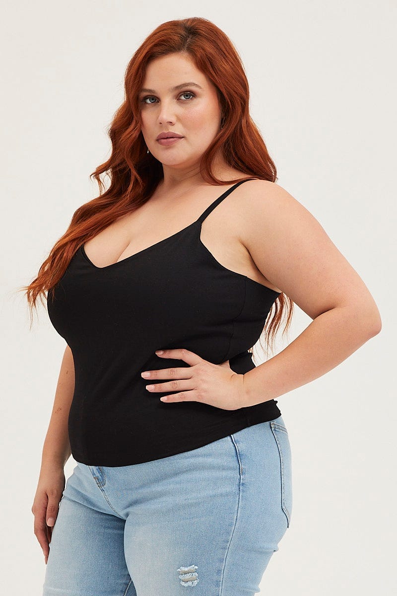 Black Singlet Top V-neck Cotton
