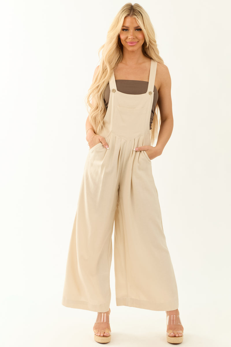 Champagne Linen Blend Wide Leg Overalls Jumpsuit