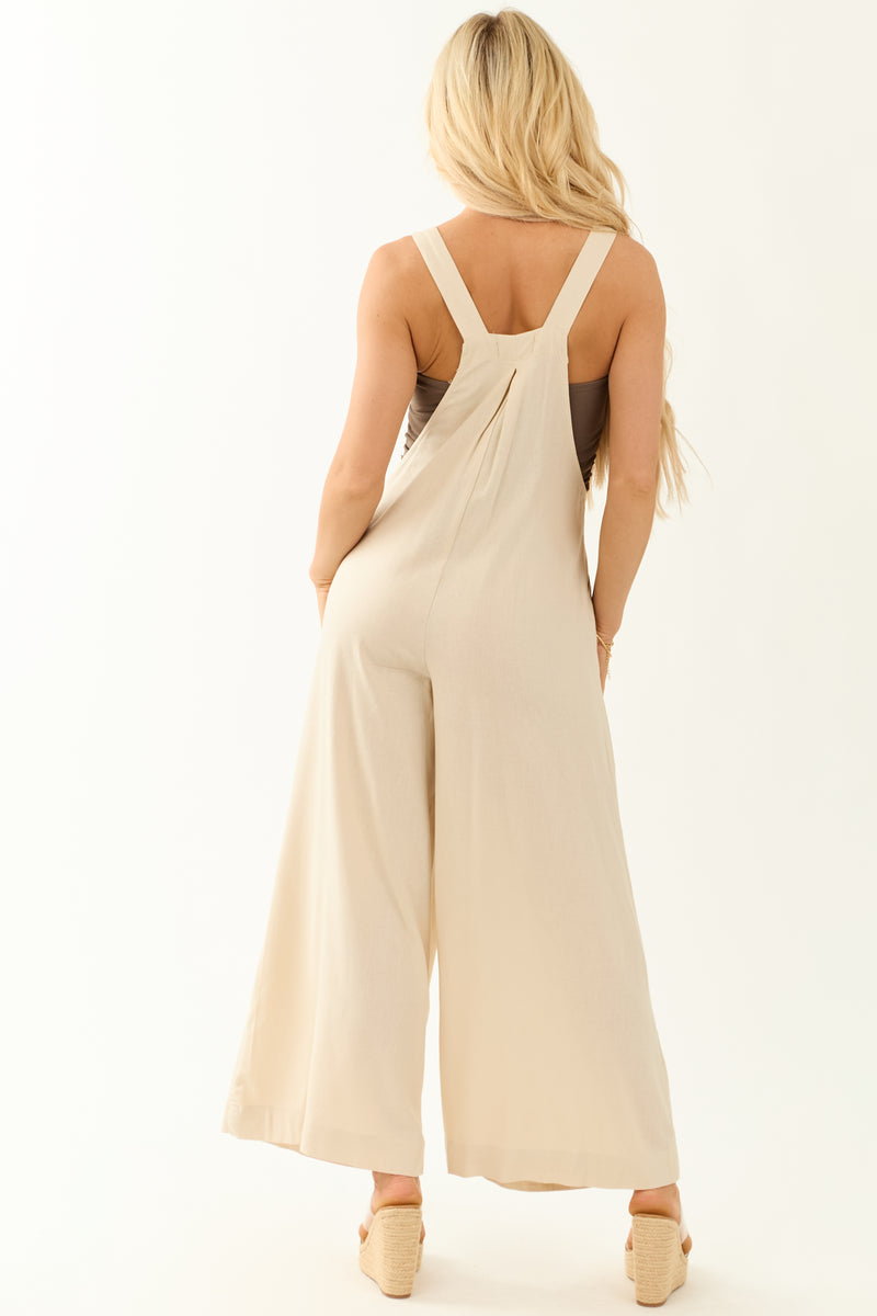Champagne Linen Blend Wide Leg Overalls Jumpsuit