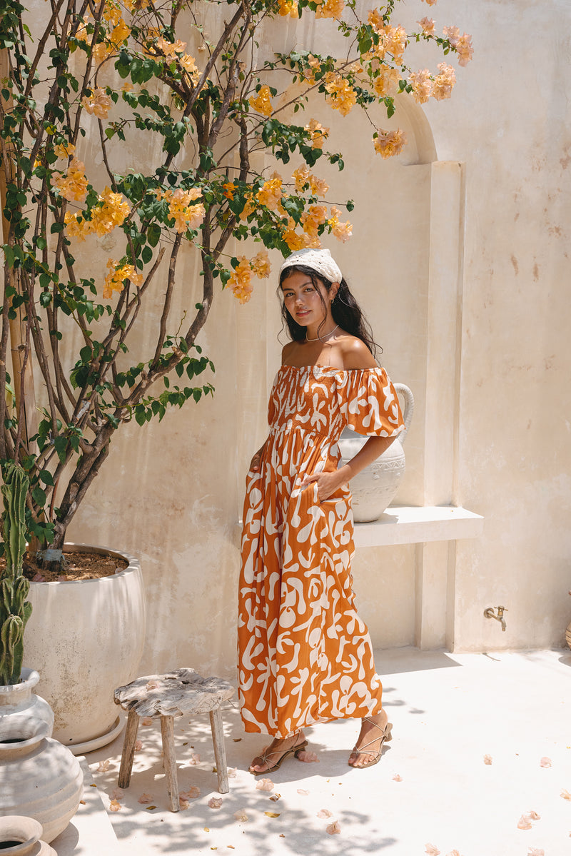 Solange Rust Orange Abstract Puff Sleeve Jumpsuit