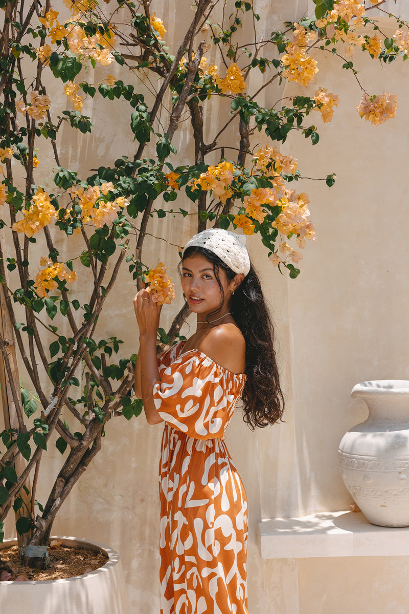 Solange Rust Orange Abstract Puff Sleeve Jumpsuit