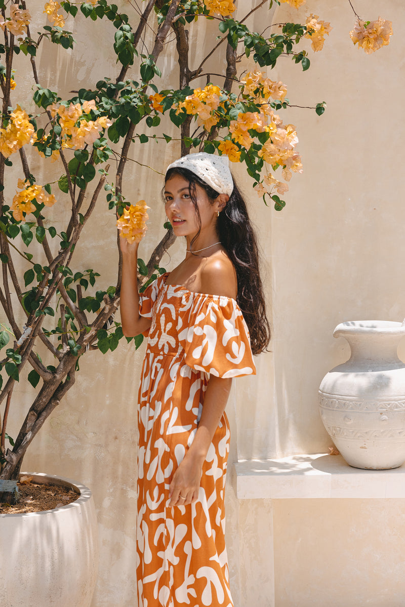 Solange Rust Orange Abstract Puff Sleeve Jumpsuit