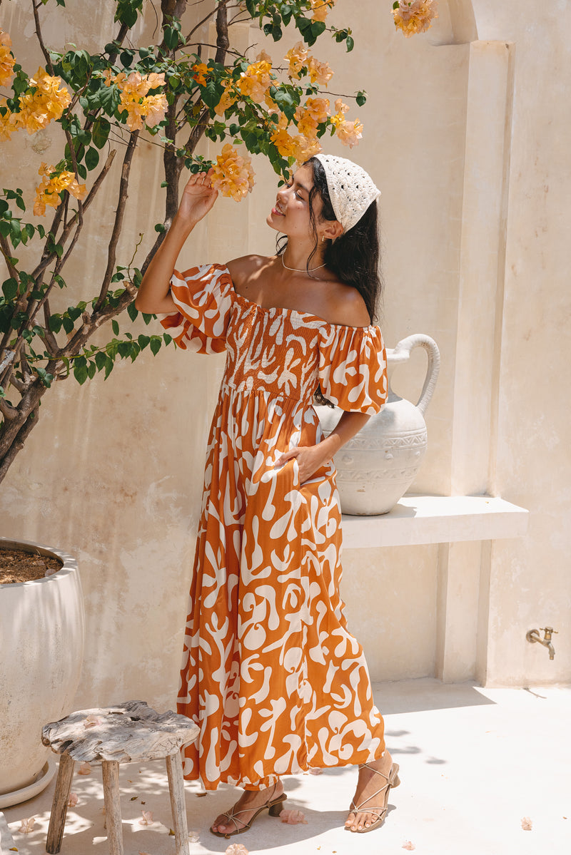Solange Rust Orange Abstract Puff Sleeve Jumpsuit