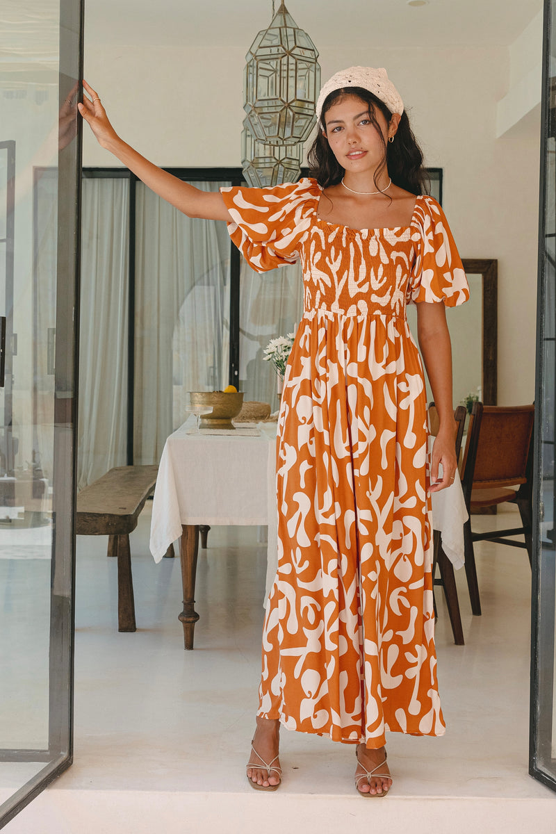 Solange Rust Orange Abstract Puff Sleeve Jumpsuit