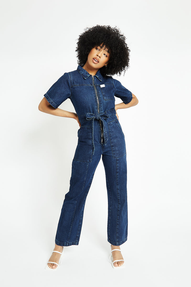 SHORT SLEEVE DENIM JUMPSUIT - DARK BLUE