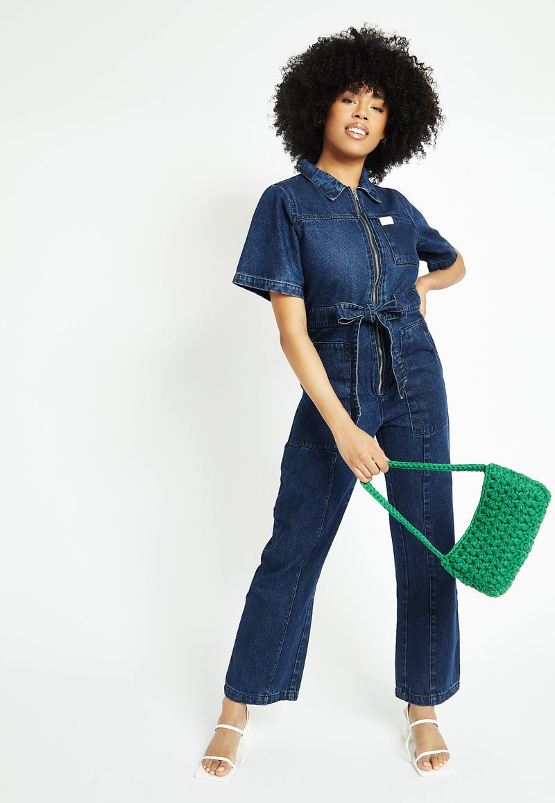 SHORT SLEEVE DENIM JUMPSUIT - DARK BLUE