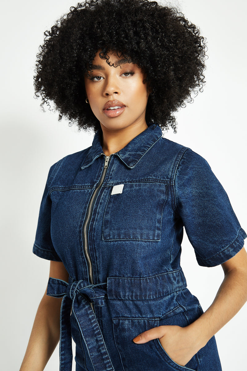 SHORT SLEEVE DENIM JUMPSUIT - DARK BLUE