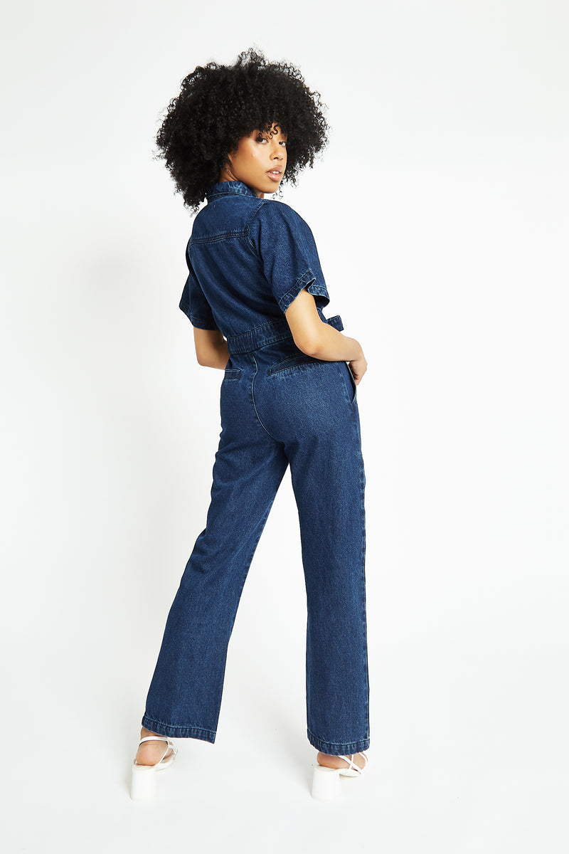 SHORT SLEEVE DENIM JUMPSUIT - DARK BLUE