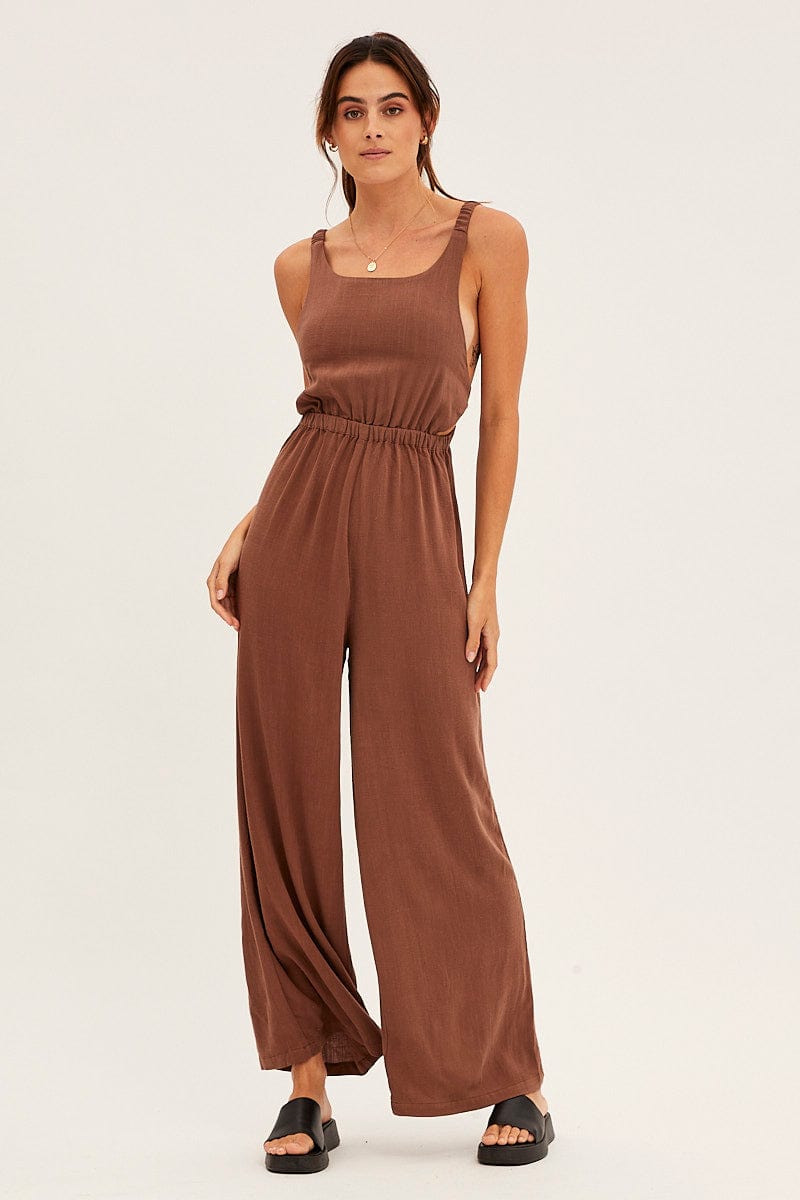 Brown Sleeveless Jumpsuit Wide Leg Viscose Linen