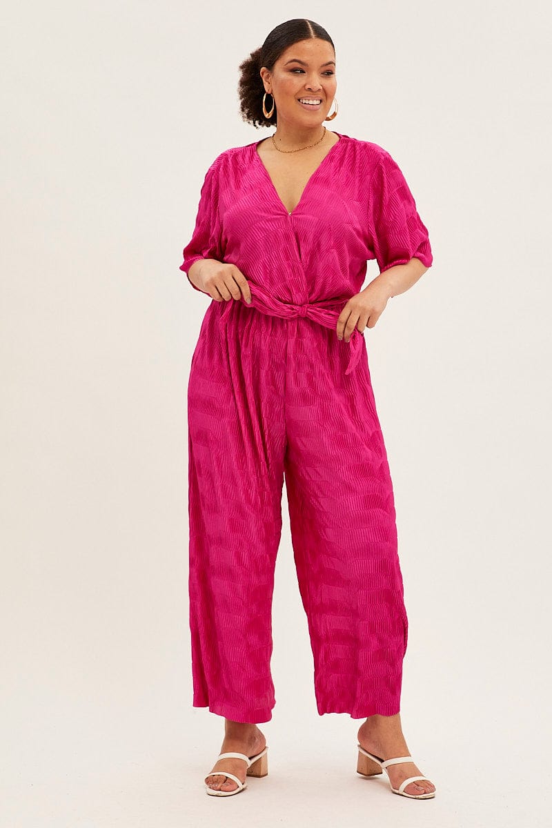 Pink Wide Leg Jumpsuit Plisse Short Sleeve
