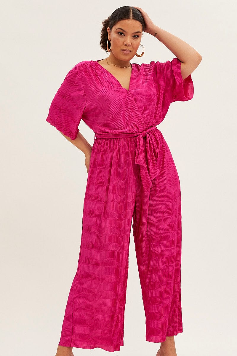 Pink Wide Leg Jumpsuit Plisse Short Sleeve