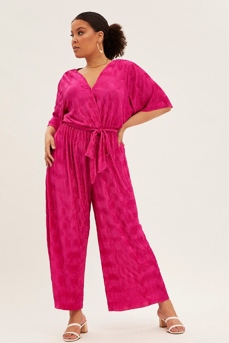 Pink Wide Leg Jumpsuit Plisse Short Sleeve
