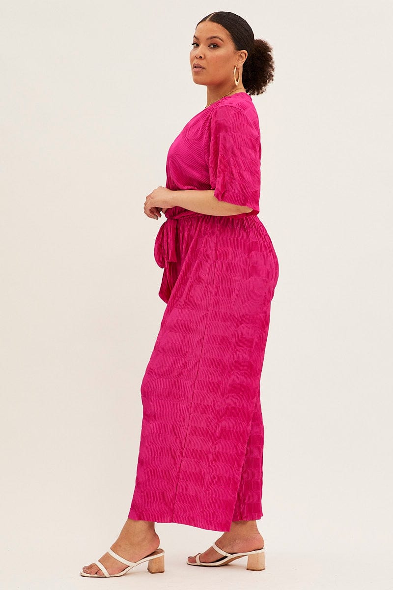 Pink Wide Leg Jumpsuit Plisse Short Sleeve