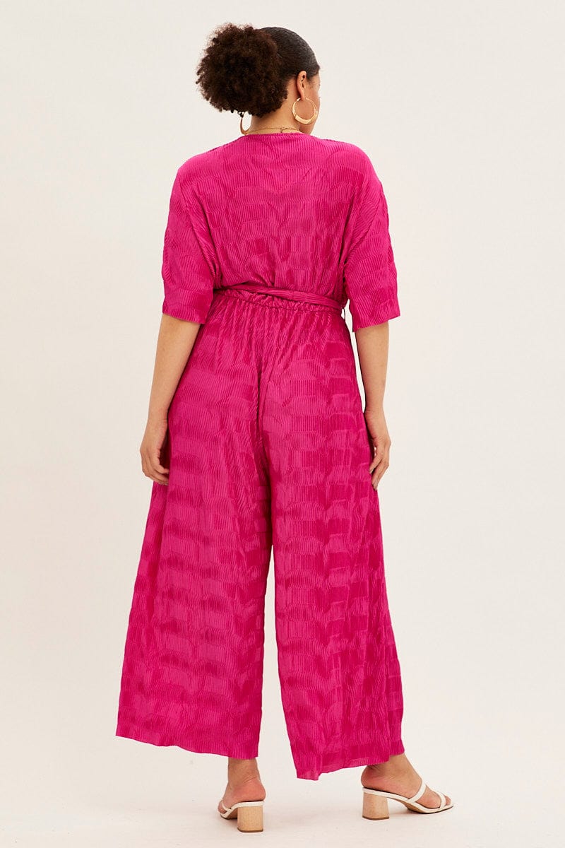 Pink Wide Leg Jumpsuit Plisse Short Sleeve