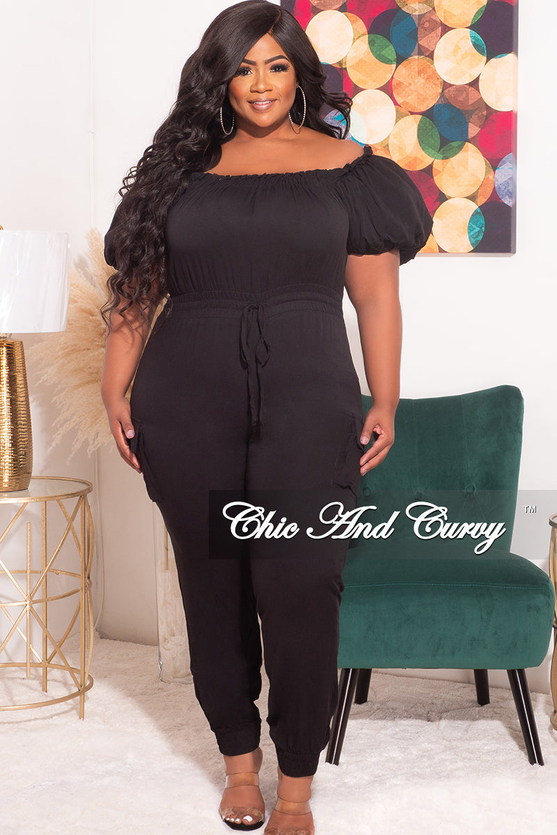 Final Sale Plus Size Off the Shoulder Puffy Sleeve Jumpsuit in Black