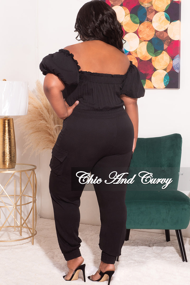 Final Sale Plus Size Off the Shoulder Puffy Sleeve Jumpsuit in Black