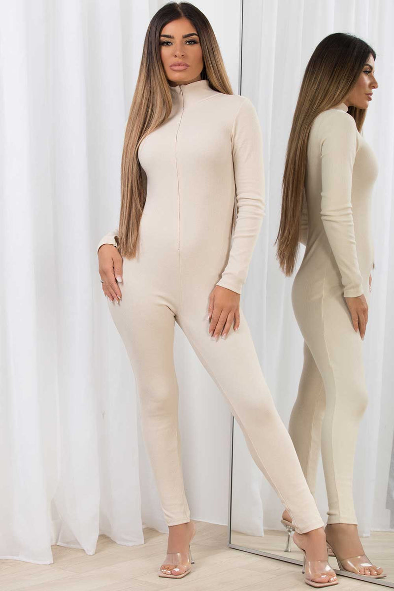 Rib Zip Long Sleeve Jumpsuit Beige
