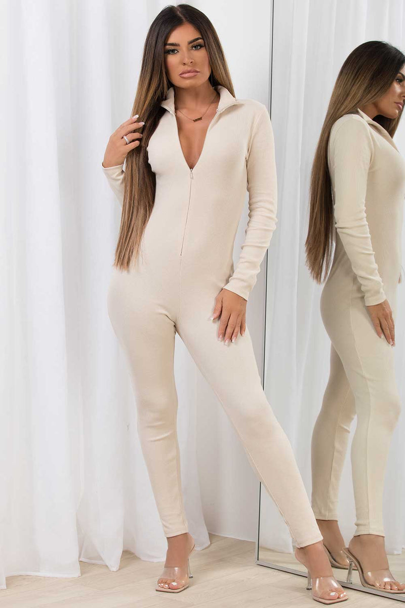 Rib Zip Long Sleeve Jumpsuit Beige
