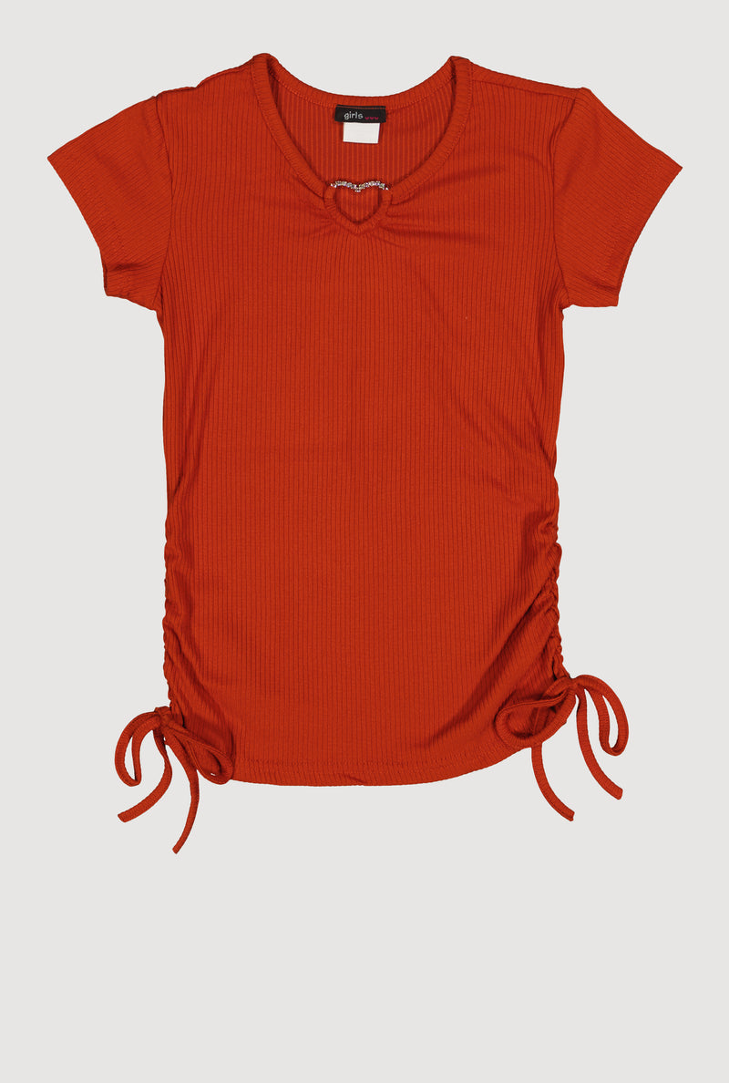 Girls Ribbed Knit Heart Keyhole T Shirt
