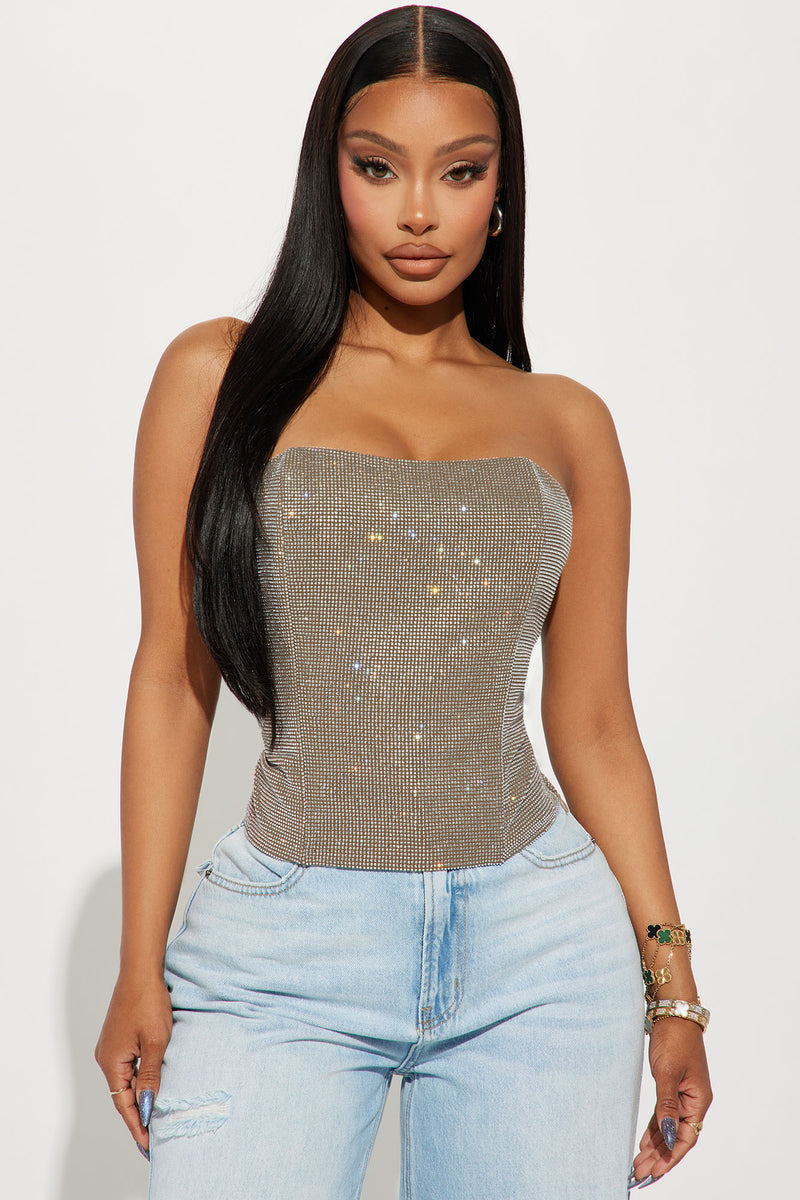 Light Up The Room Rhinestone Corset Top - Taupe/combo
