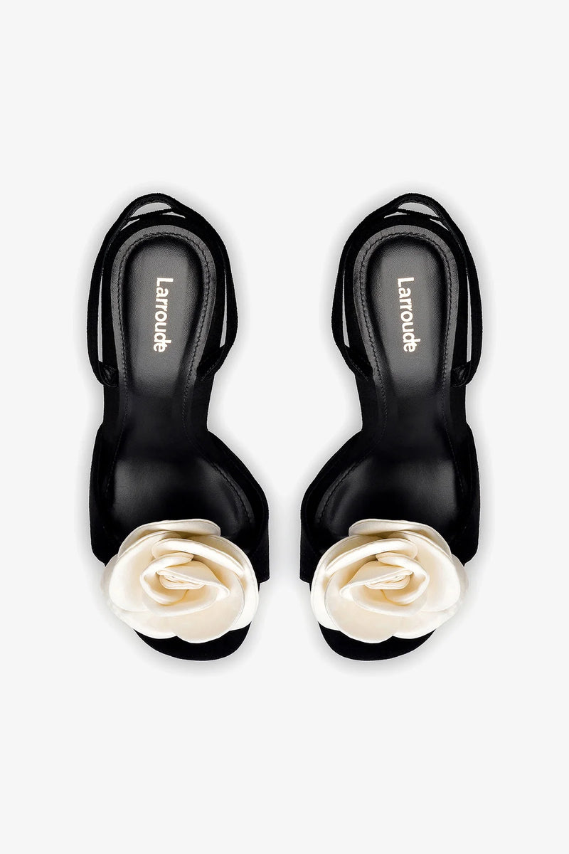 Salma Sandal In Black Suede and Ivory Satin