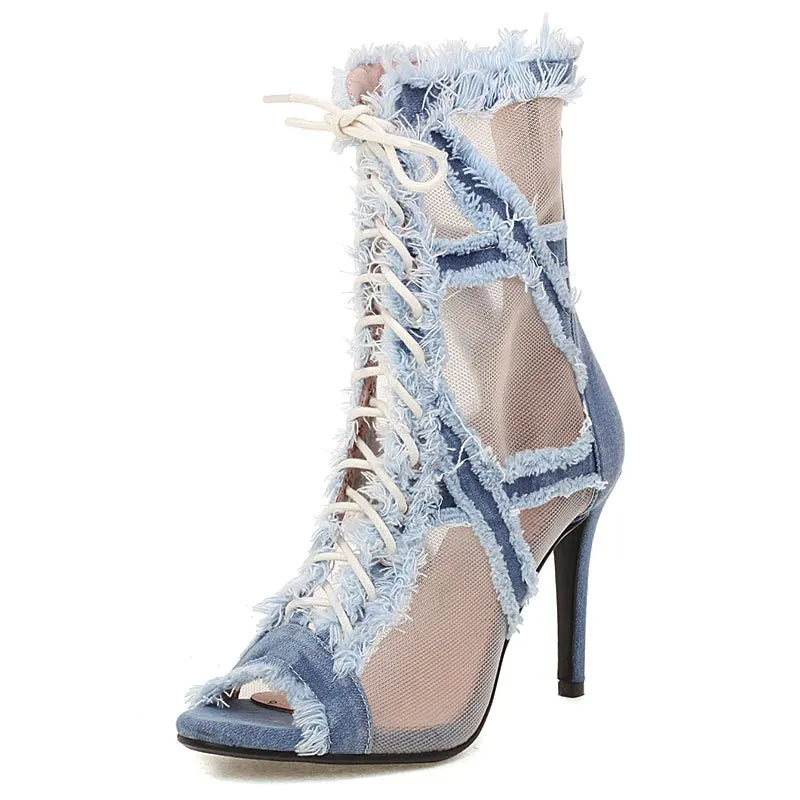 YXZJ Women's Denim 9.5cm/7cm Rubber Sole Dance Boots Heels Dance Shoes
