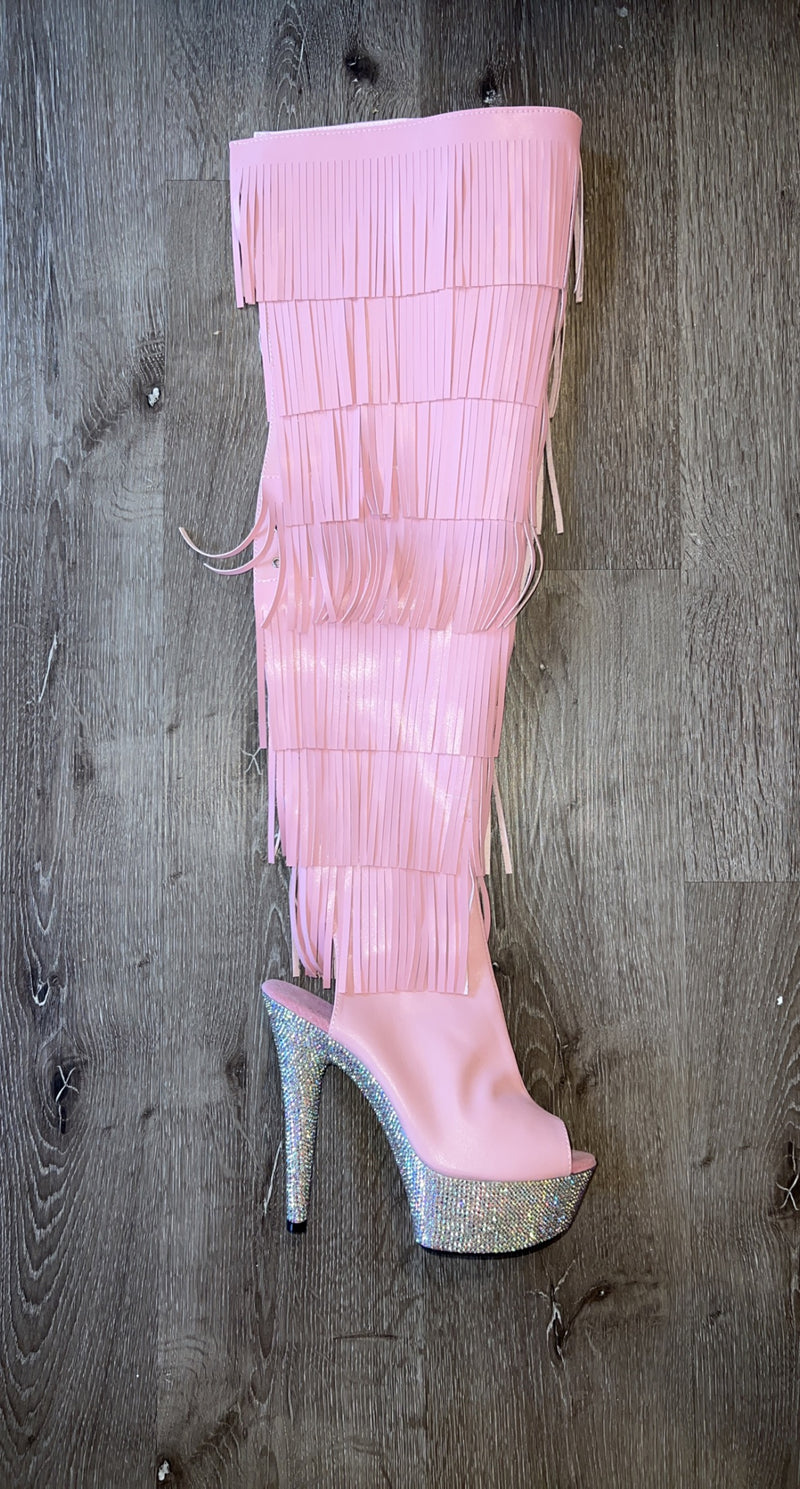 PINK THIGH HIGH FRINGE BOOTS WITH RHINESTONE HEEL