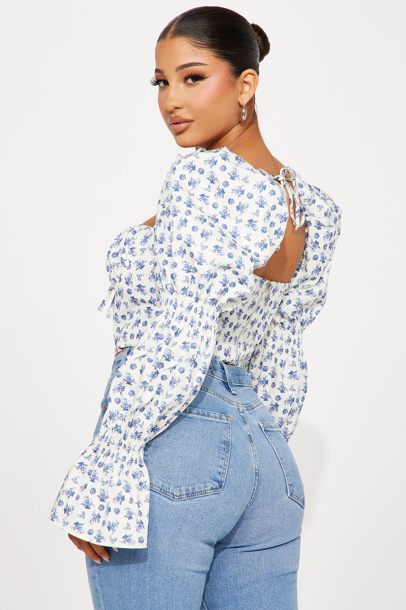 Ivy Floral Corset Top - White/Blue