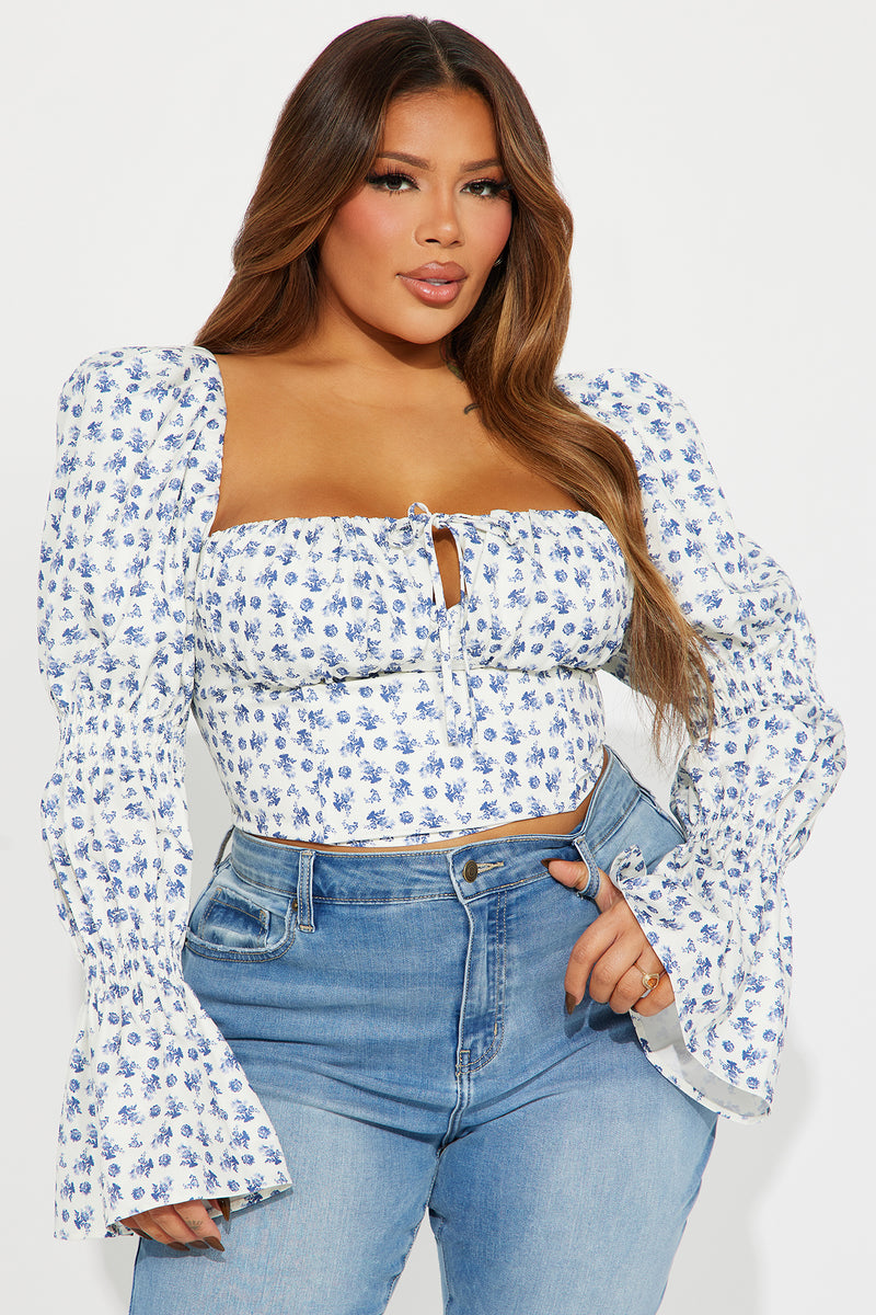 Ivy Floral Corset Top - White/Blue