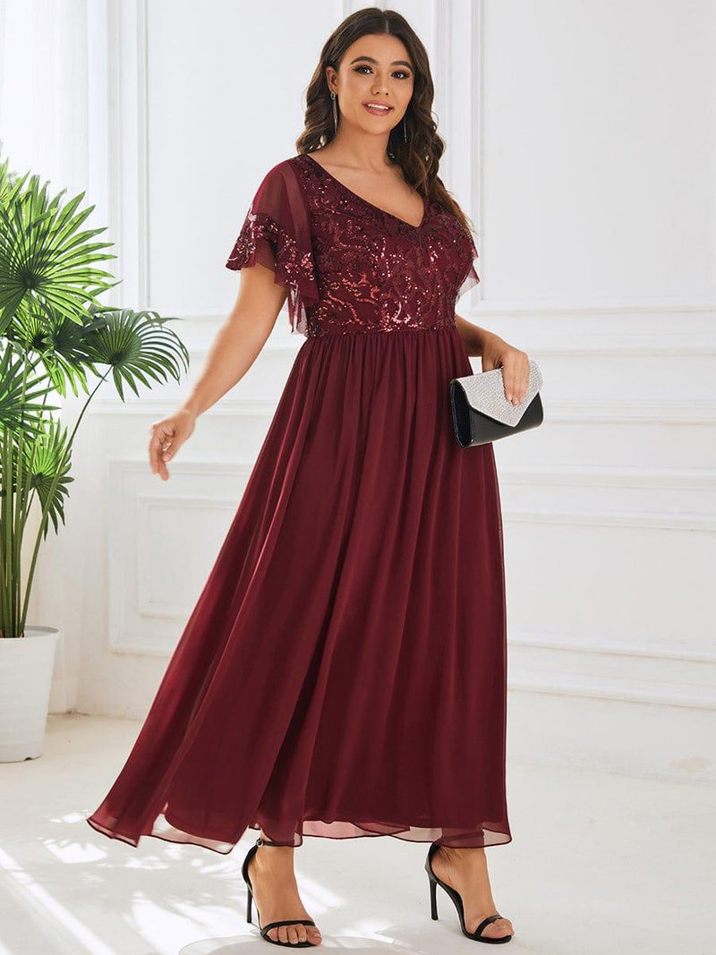 pretty HAZEL|Plus Size V-Neck Short Sleeve Sequin Bodice Mother of the Bride Dress
