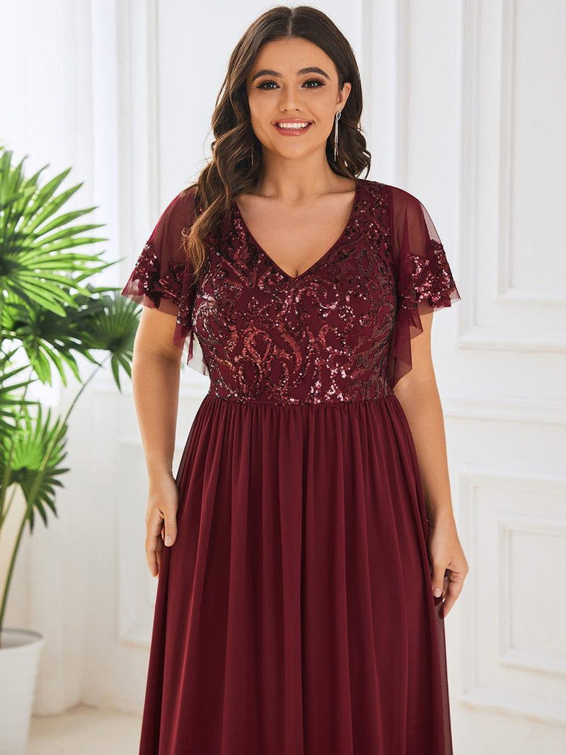 pretty HAZEL|Plus Size V-Neck Short Sleeve Sequin Bodice Mother of the Bride Dress