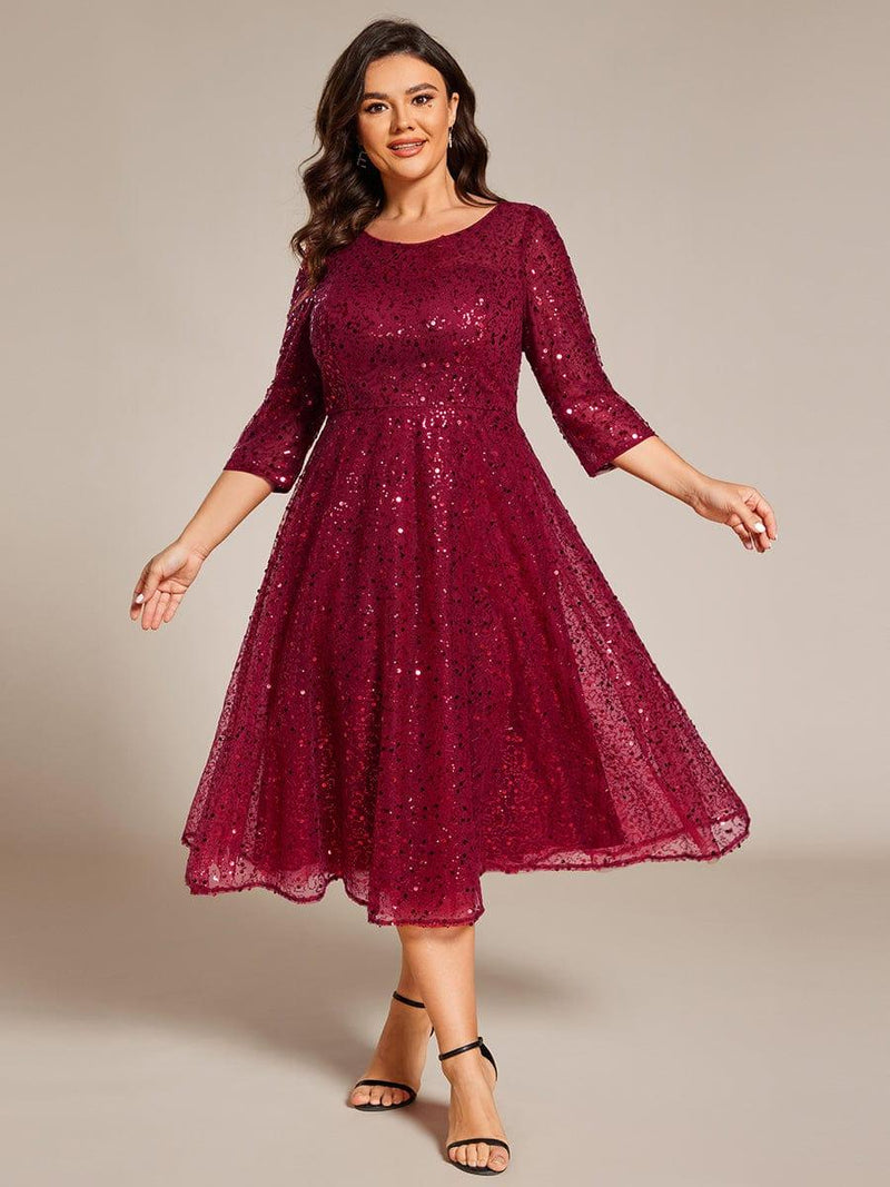 pretty SIENNA|Plus Size 3/4 Sleeve Midi Round Neck A-Line Sequin Wedding Guest Dress