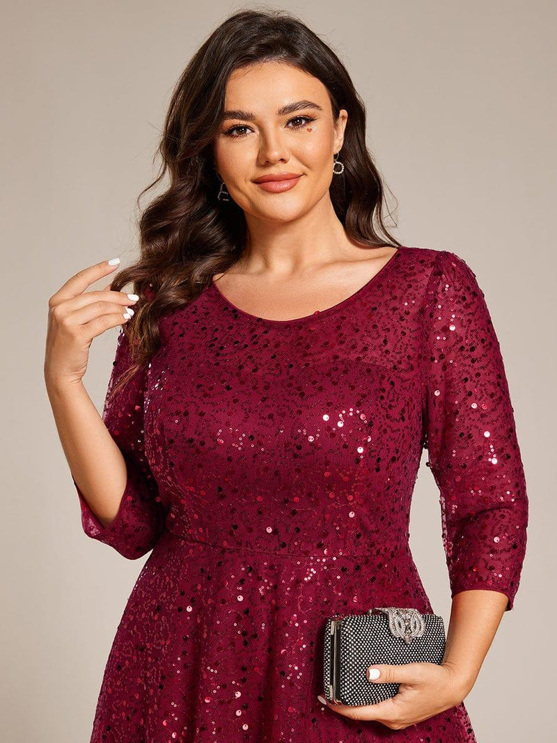 pretty SIENNA|Plus Size 3/4 Sleeve Midi Round Neck A-Line Sequin Wedding Guest Dress