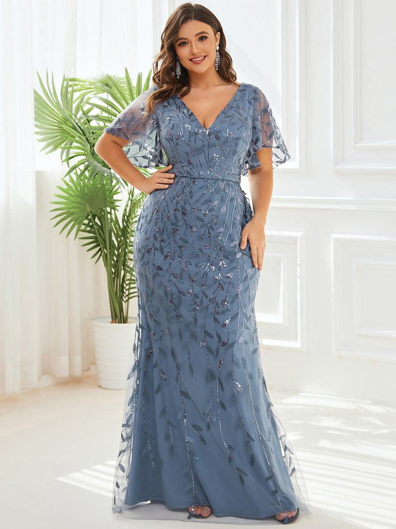 pretty DIONE|Fashion Plus Size V Neck Mermaid Sequin & Tulle Evening Dress