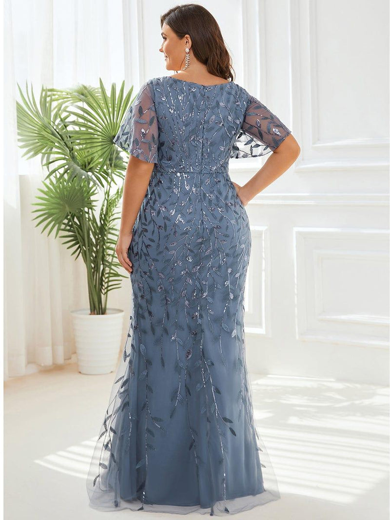 pretty DIONE|Fashion Plus Size V Neck Mermaid Sequin & Tulle Evening Dress