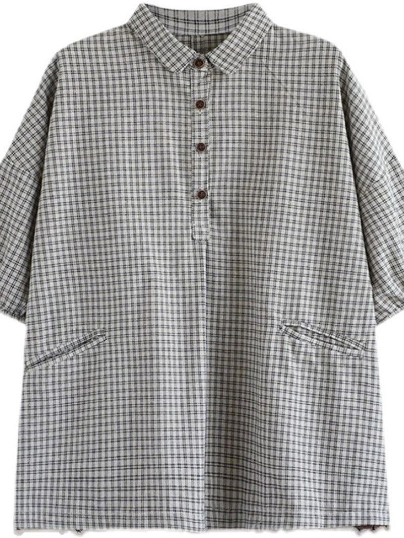 Plus Size Women Summer Vintage Plaid Turn-down Collar Shirt