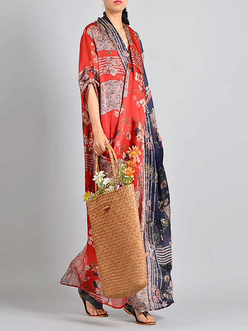 Plus Size Spliced Floral Print Vintage Tencel Women Dress