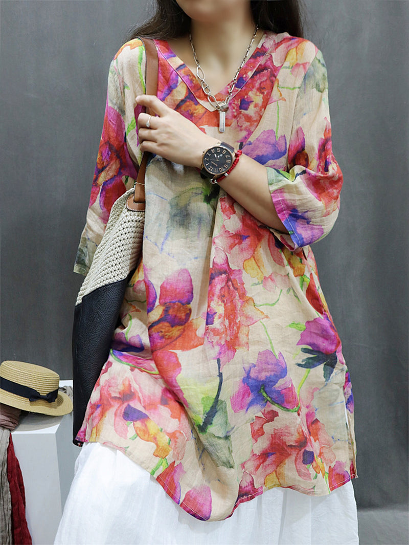 Plus Size Women Spring Vintage Flower V-Neck 100%Ramie Shirt