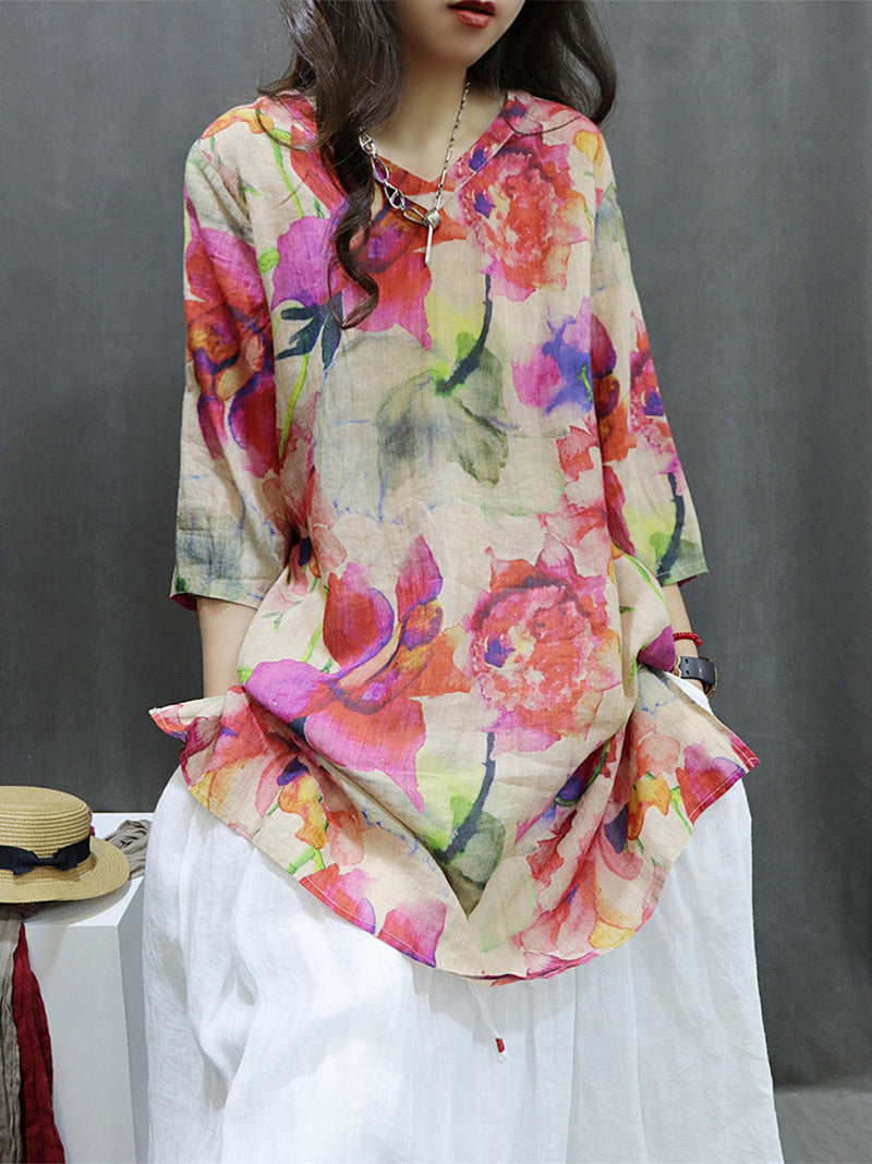 Plus Size Women Spring Vintage Flower V-Neck 100%Ramie Shirt