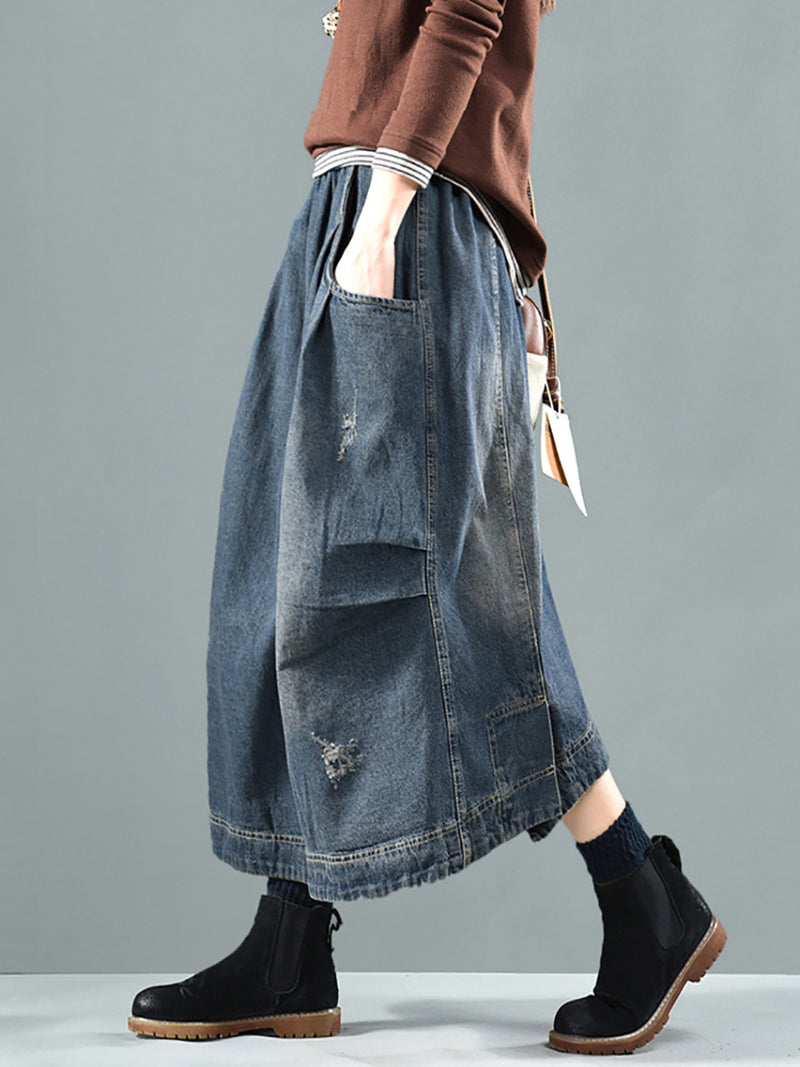Plus Size Women Retro Fade Pocket Elastic Waist Denim Skirt