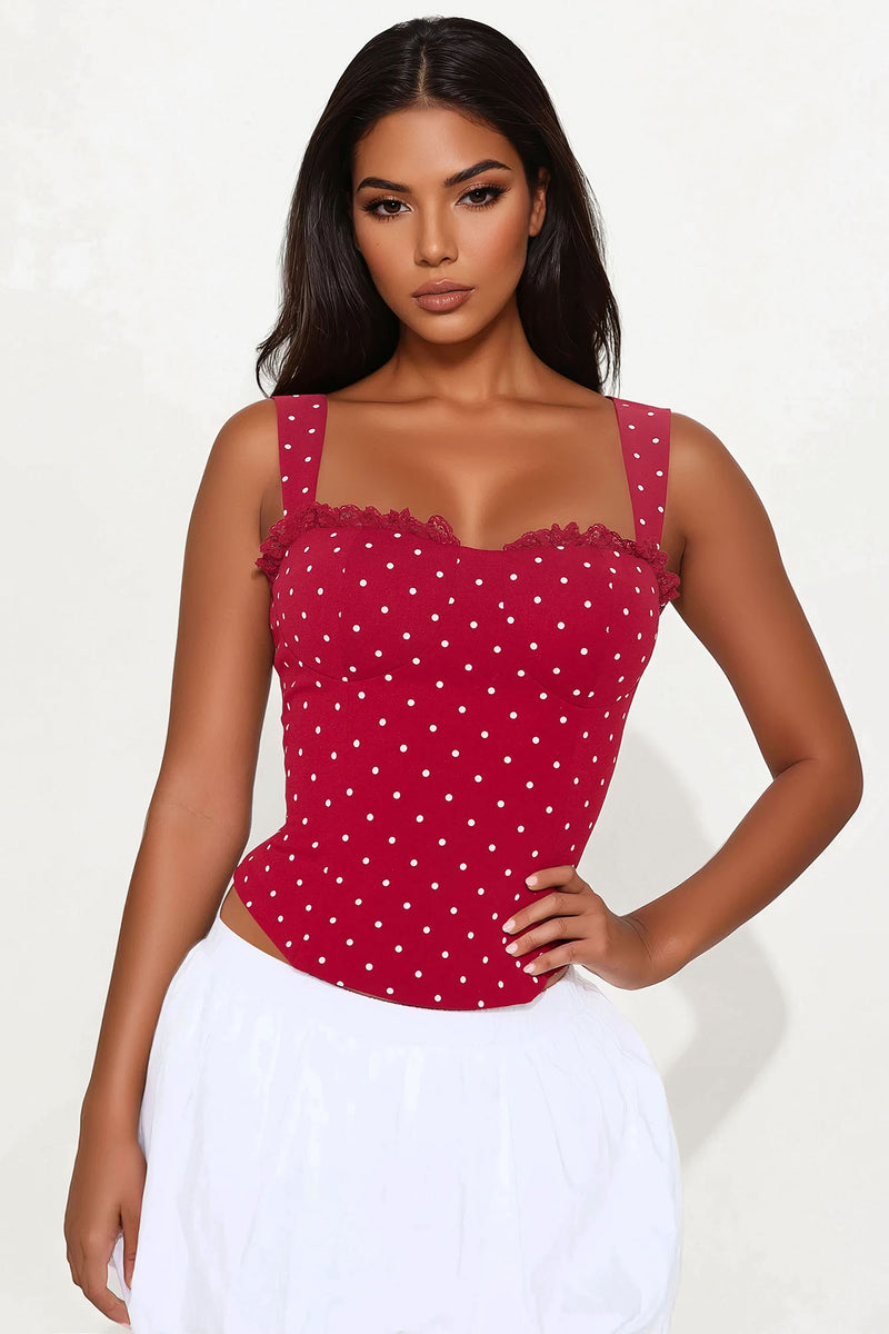 Pin-Up Girly Lace Trim Polka Dot Corset Top - Red/White