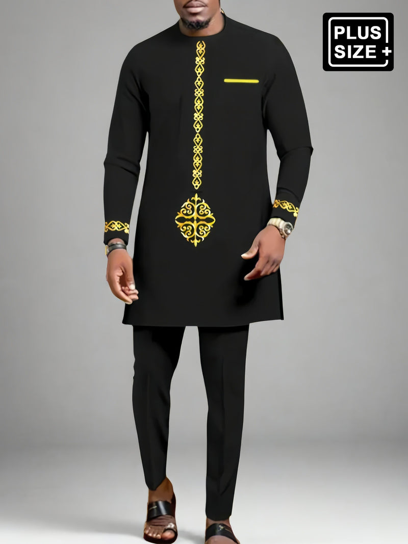 Plus Size Digital Printed Black Long Sleeve Men's Set