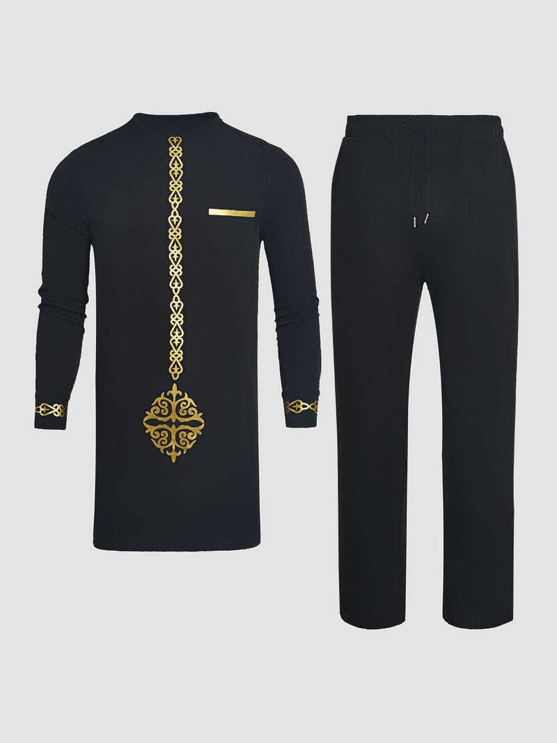 Plus Size Digital Printed Black Long Sleeve Men's Set