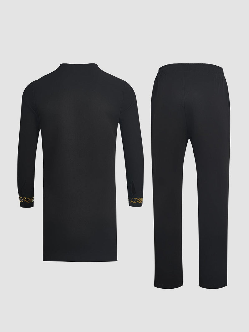 Plus Size Digital Printed Black Long Sleeve Men's Set
