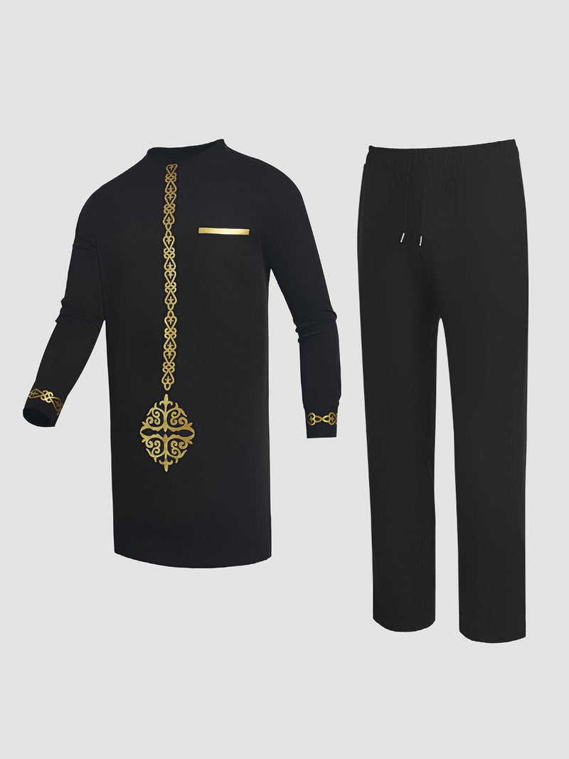 Plus Size Digital Printed Black Long Sleeve Men's Set