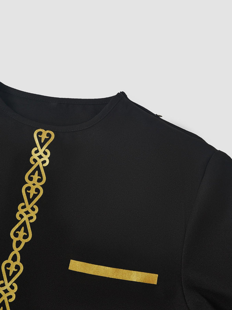 Plus Size Digital Printed Black Long Sleeve Men's Set