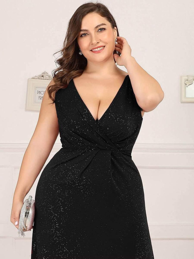 Shiny V Neck Floor Length Plus Size Evening Dresses with Side Split