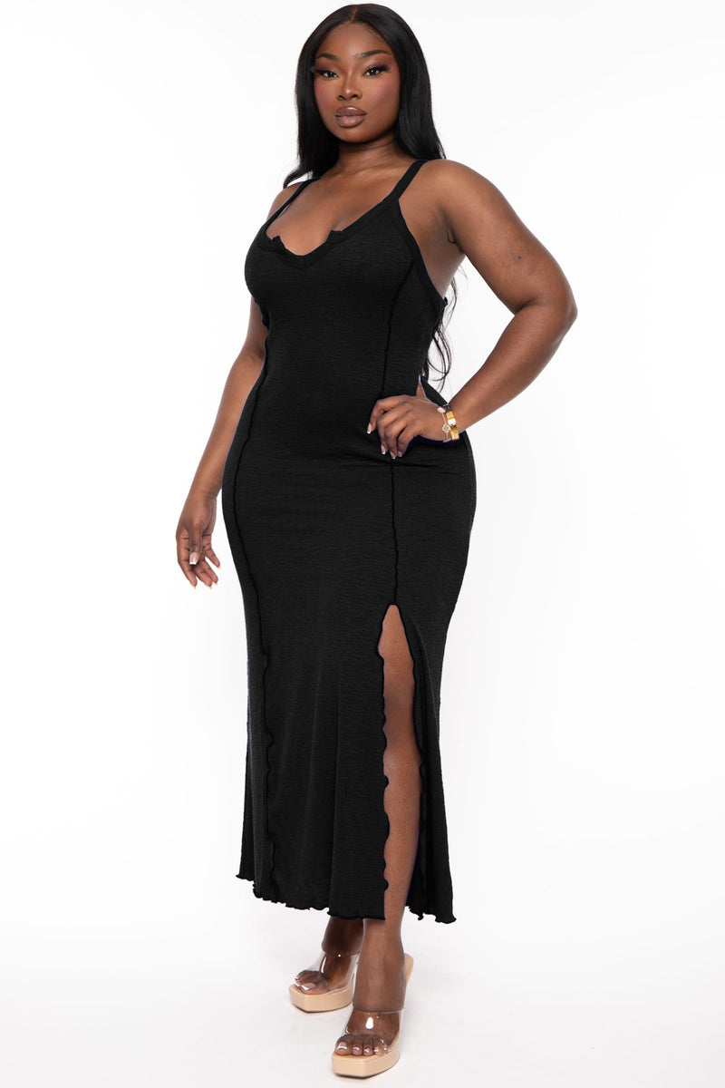 Plus Size Notch Neck Merrow Maxi Dress - Black