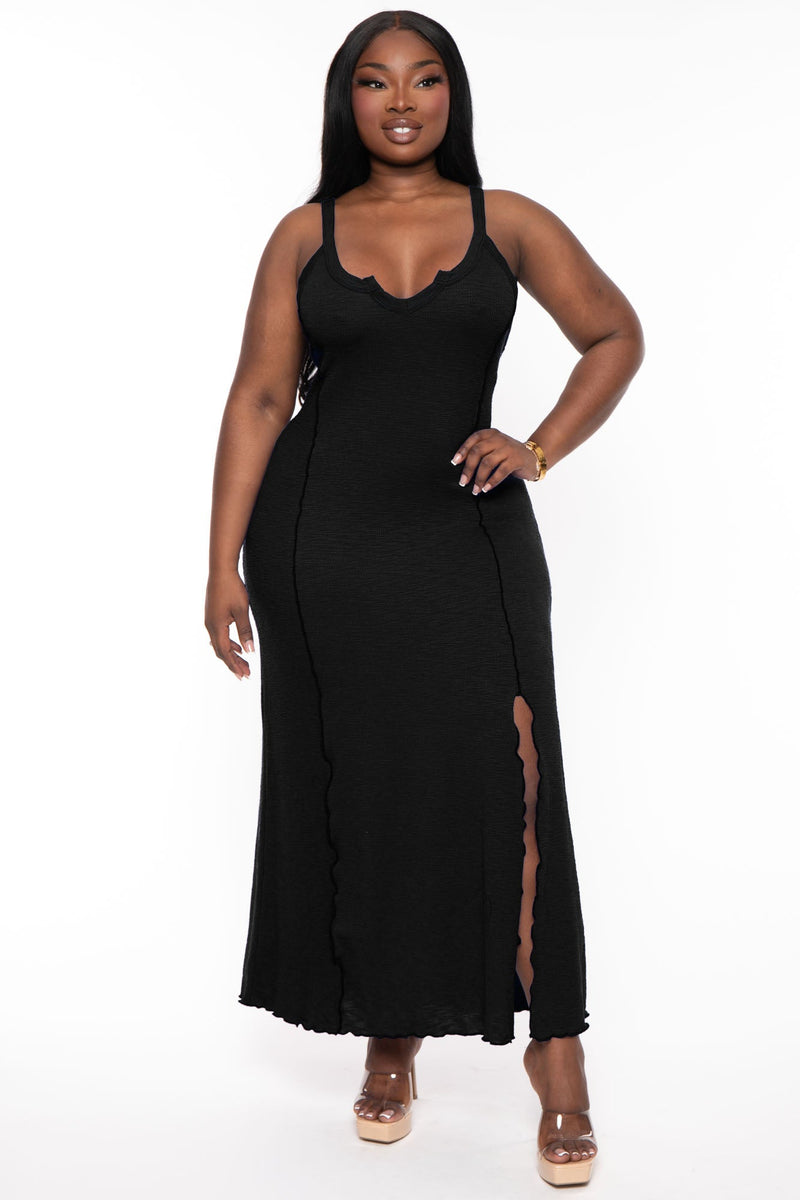 Plus Size Notch Neck Merrow Maxi Dress - Black