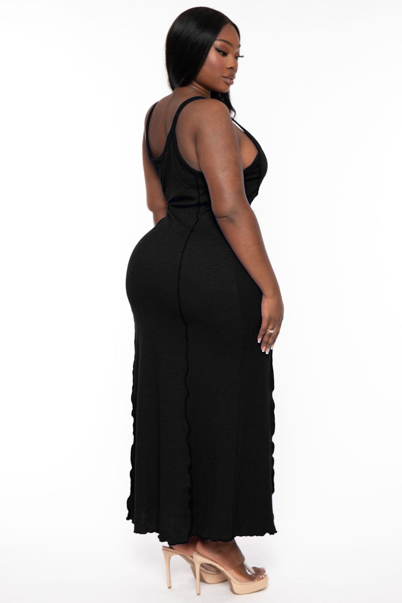 Plus Size Notch Neck Merrow Maxi Dress - Black